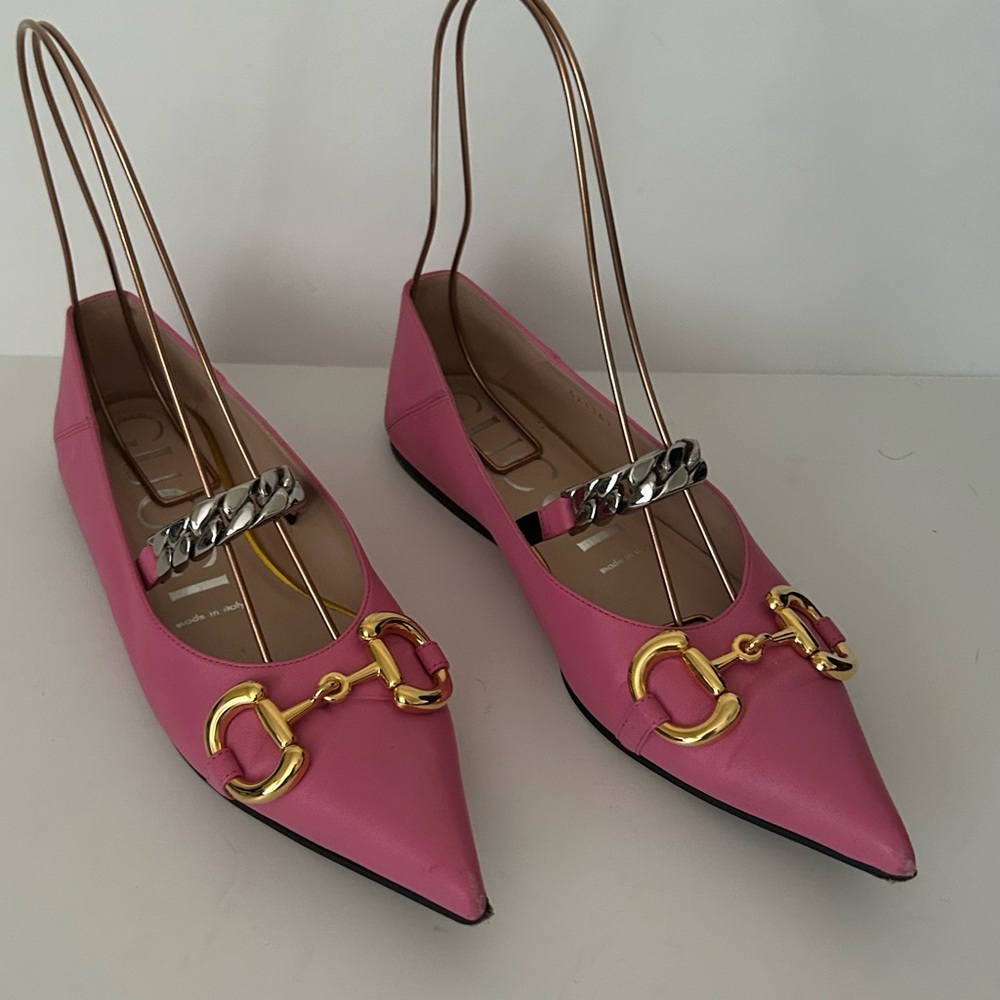 Gucci Nappa Lumiere Pink Leather Point Toe Horsebit Silver Chain Ballet Flats 36 - Picture 1 of 10